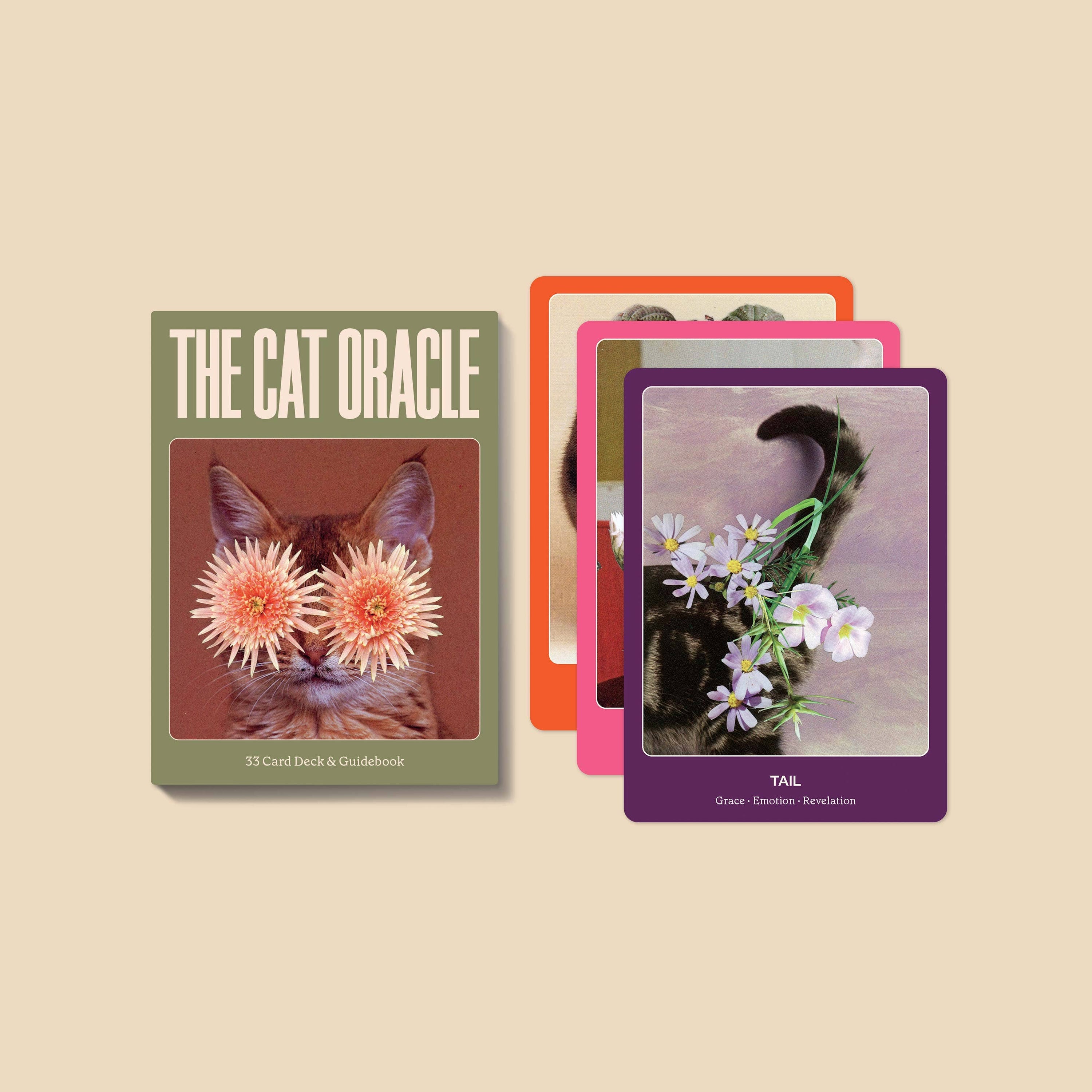 Cat-themed card set with 'The Cat Oracle' book on a beige background